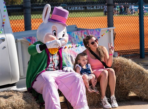 women, child and bunny