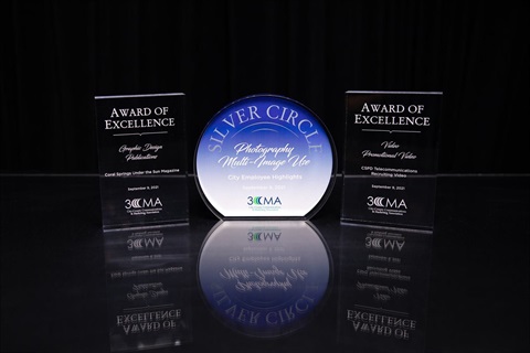 pictured three glass Savvy Awards for outstanding video, photography and graphic design